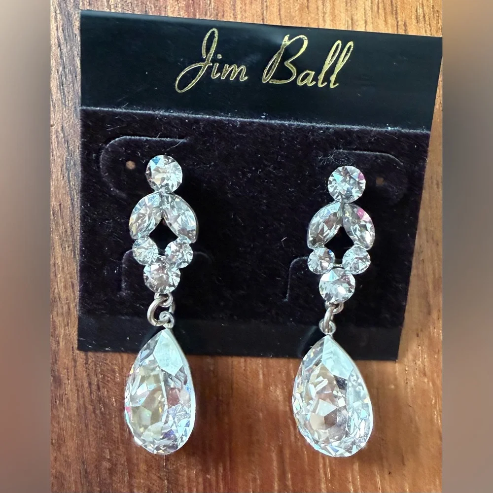 Jim Ball Clear Crystal Teardrop Drop Earrings